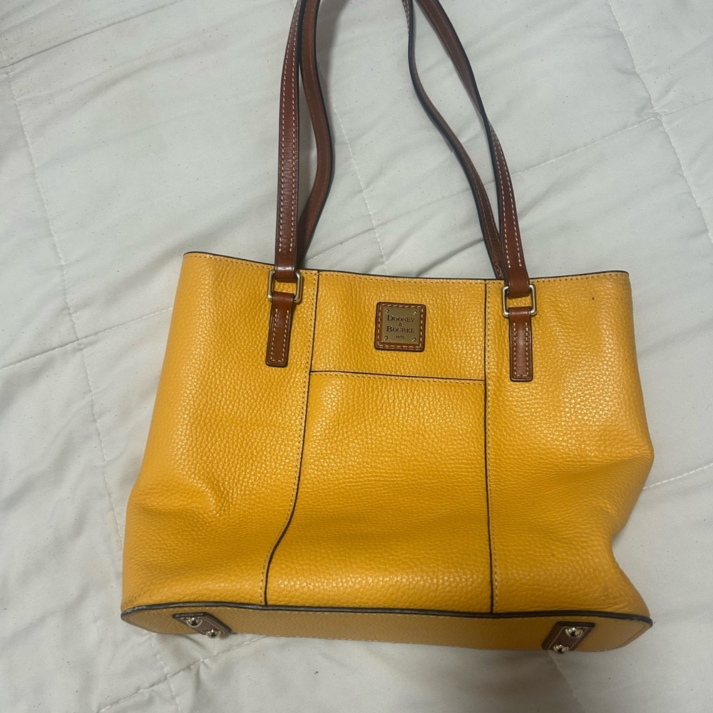 Dooney & Bourke Yellow Pebble Leather Tote with Brown Trim